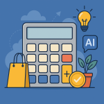 Ilustração em estilo flat de uma loja virtual em uma tela de computador, com gráfico de crescimento, ícones de produtos (camiseta, bolsa, planta), carrinho de compras, sacola amarela, planta em vaso, ícone de inteligência artificial (IA) e lâmpada representando ideias e inovação no e-commerce