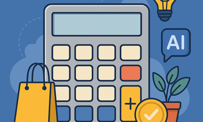 Ilustração em estilo flat de uma loja virtual em uma tela de computador, com gráfico de crescimento, ícones de produtos (camiseta, bolsa, planta), carrinho de compras, sacola amarela, planta em vaso, ícone de inteligência artificial (IA) e lâmpada representando ideias e inovação no e-commerce